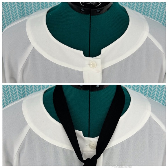 Cabi Tuxedo Blouse # 3421, White Semi-Sheer Long Sleeve with Black Tie, Small - Picture 4 of 16